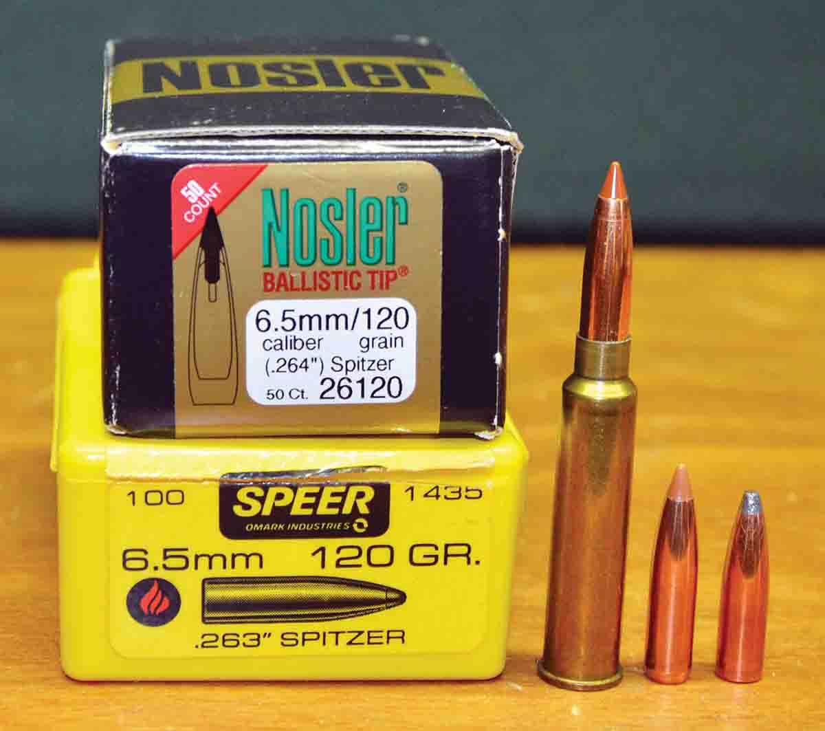 For several decades, the Speer 120- grain spitzer was the most popular bullet among hunters who used SSK Contenders in 6.5 JDJ, but after being discontinued, it was replaced by the Nosler 120-grain Ballistic Tip (left to right): 6.5 JDJ cartridge loaded with a 120-grain Nosler Ballistic Tip, Nosler 120-grain Ballistic Tip and the Speer 120-grain Spitzer.